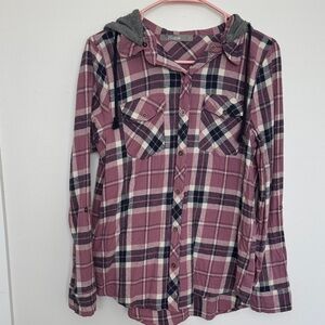 Mauve Plaid Hooded Pocket Front Button-Up Shirt
